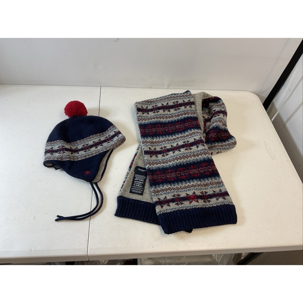 Hackett London Youth  Wool Scarf and Hat Set Fair Isle Pom Pom Ear Flap Preppy